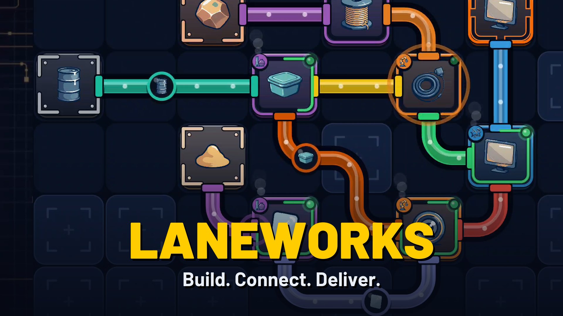 Laneworks: a running factory with goods flowing along coloured lanes, under the LANEWORKS title