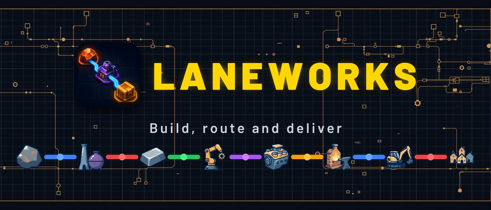 Laneworks — build, route and deliver: ore to metal to machines to the town