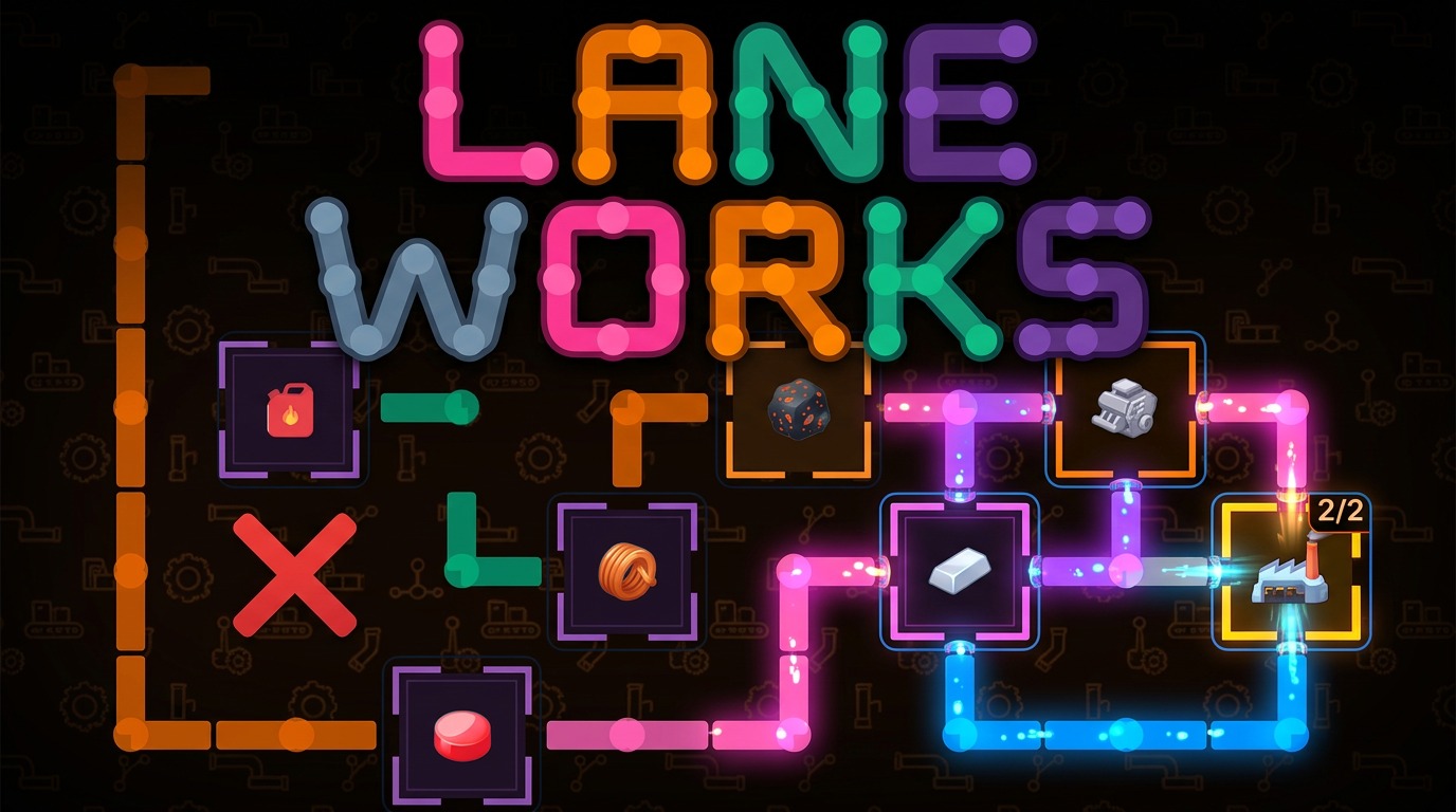 Laneworks key art: the LANEWORKS logo above a puzzle grid of coloured conveyor lanes feeding factories