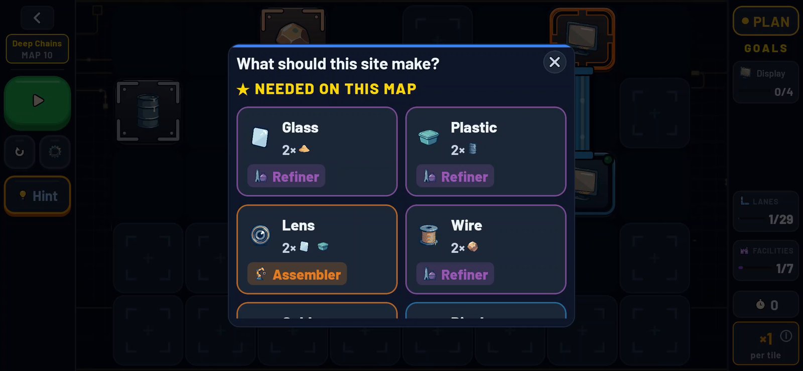 Choosing what a site should make: Glass, Plastic, Lens and Wire, with the ones needed on this map highlighted
