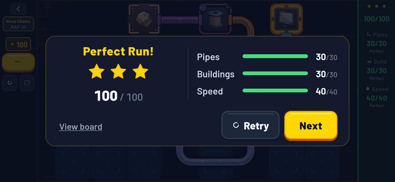 Perfect Run results: three stars and 100 out of 100 for pipes, buildings and speed