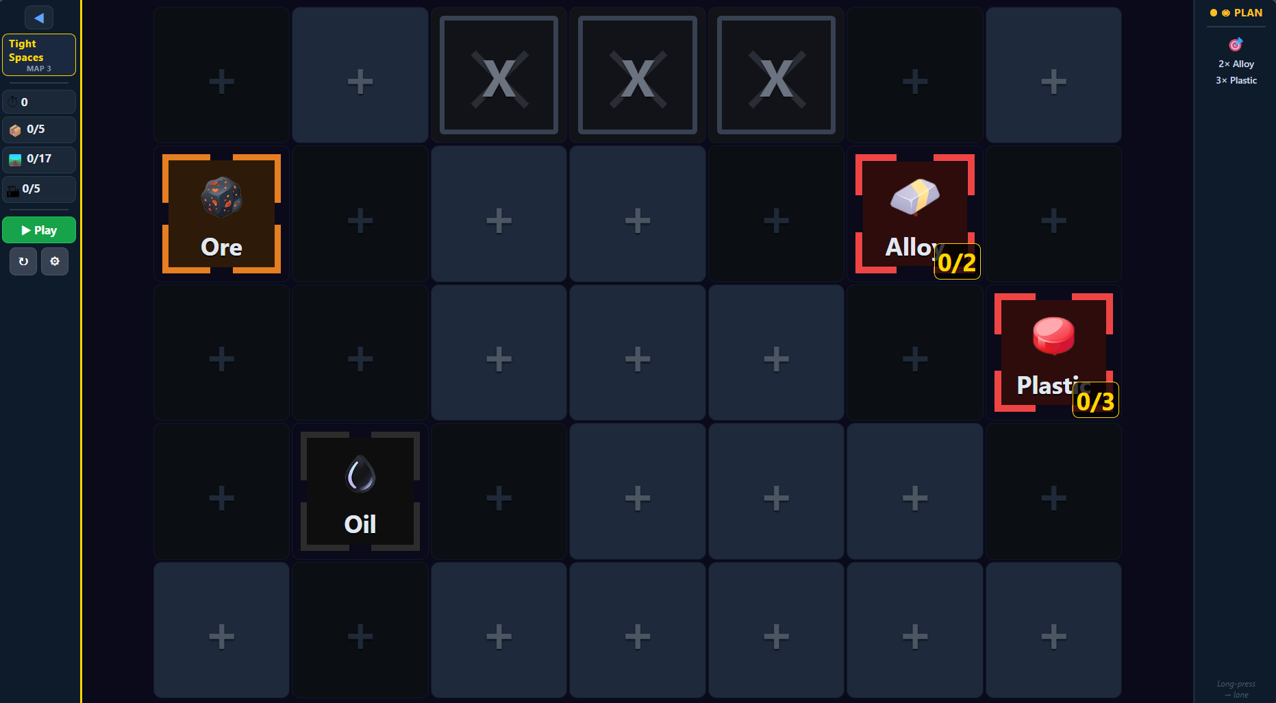 Tight Spaces level — Ore and Oil resources with grid obstacles, delivering Alloy and Plastic