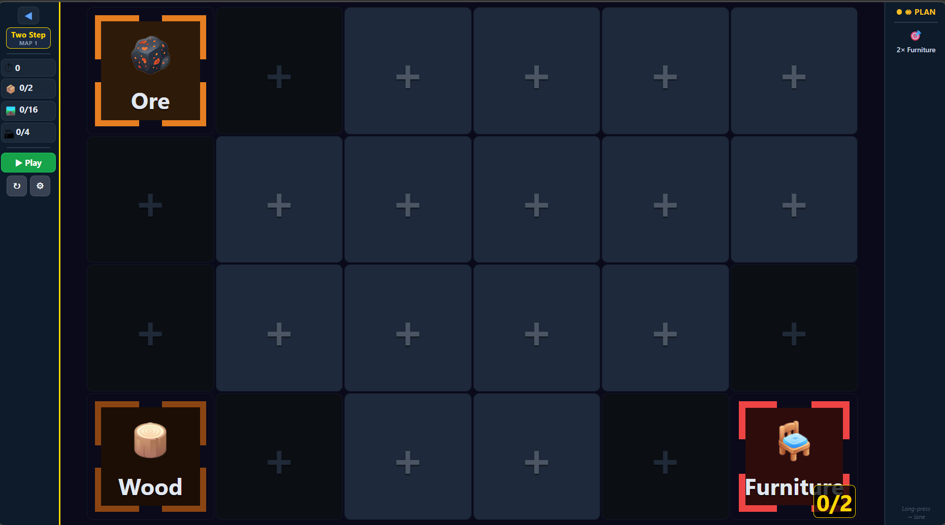 Two Step level — Ore and Wood resources with a simple grid to produce Furniture