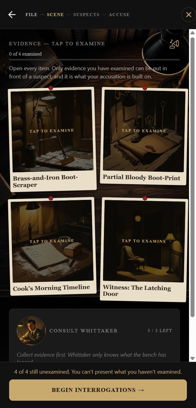 The evidence board: pinned photos to examine before questioning anyone
