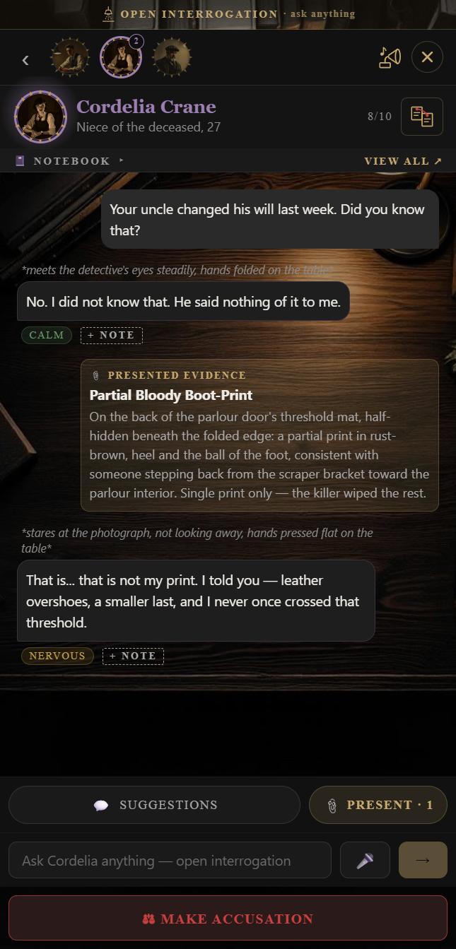 Open interrogation: a typed question, a calm denial, then the evidence put on the table and a nervous answer