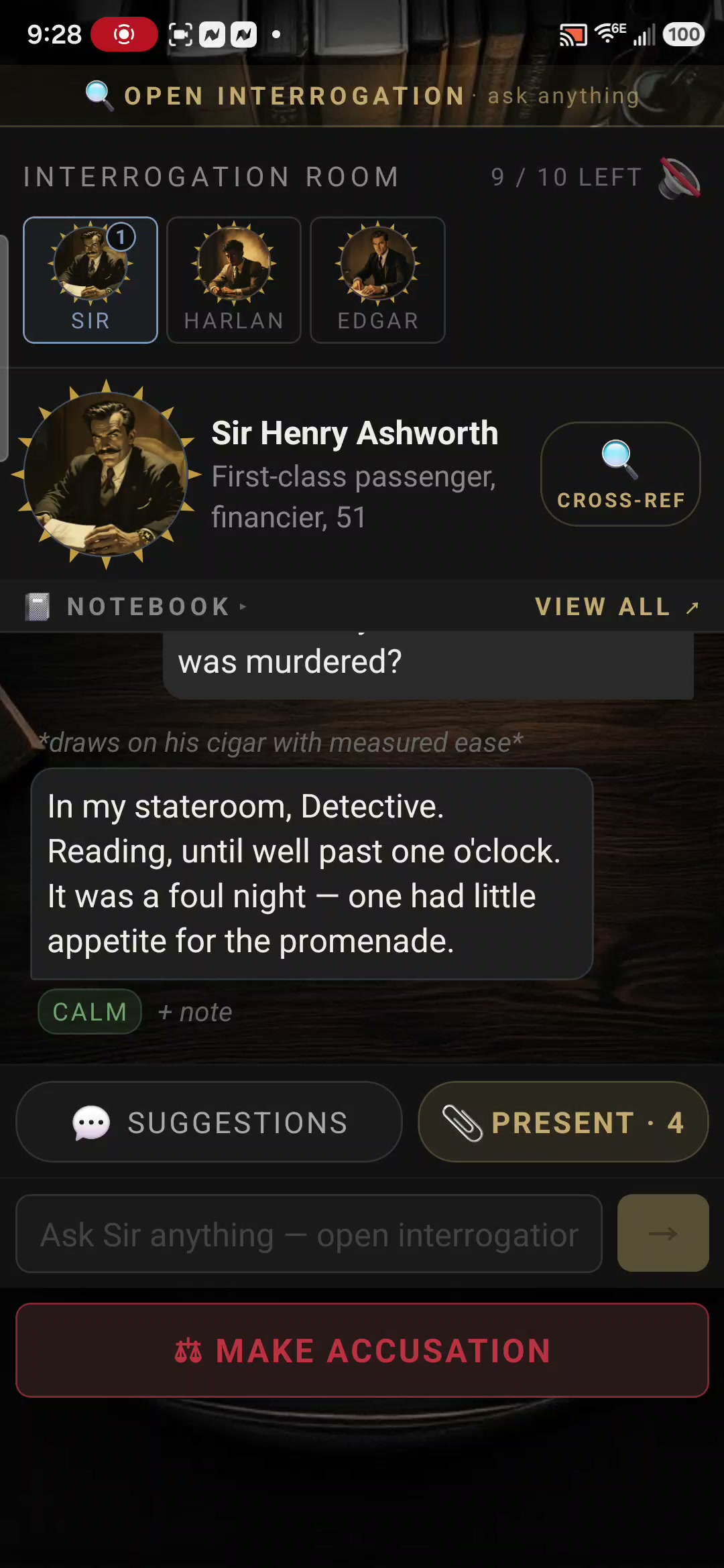 Open Verdict interrogation screen with a free-text question being put to a suspect