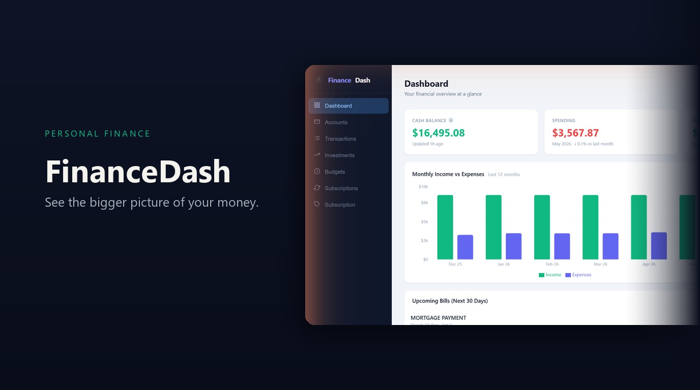 FinanceDash key art: the dashboard showing cash balance, spending and a monthly income versus expenses chart