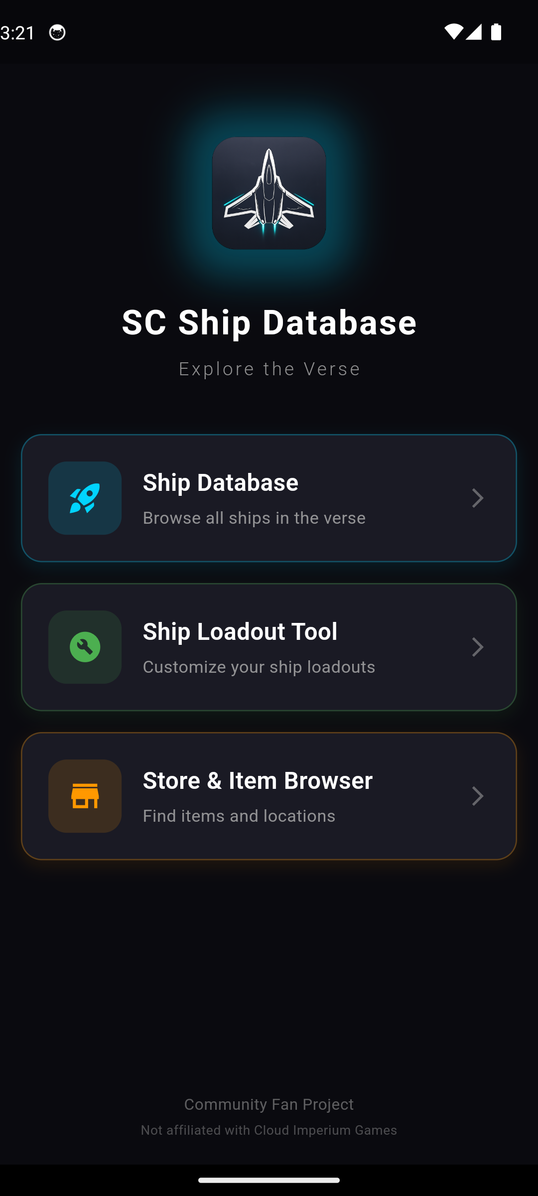 SC Ship Database main menu
