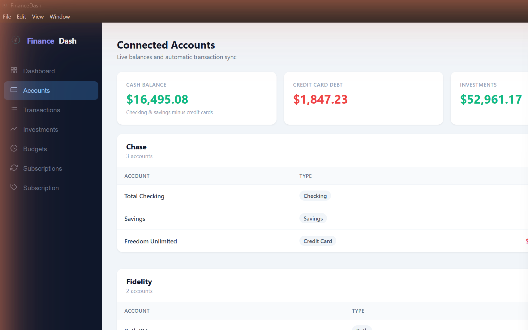 FinanceDash Connected Accounts — Chase and Fidelity with live balances