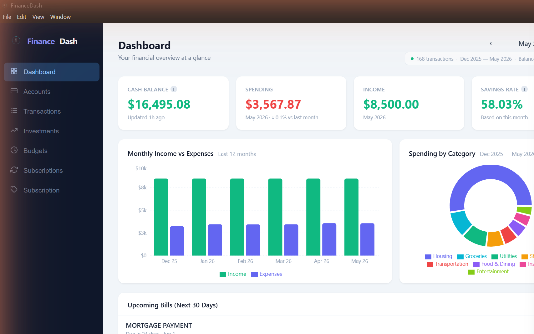 FinanceDash AI Chat — choose from Claude, ChatGPT, Gemini, and more
