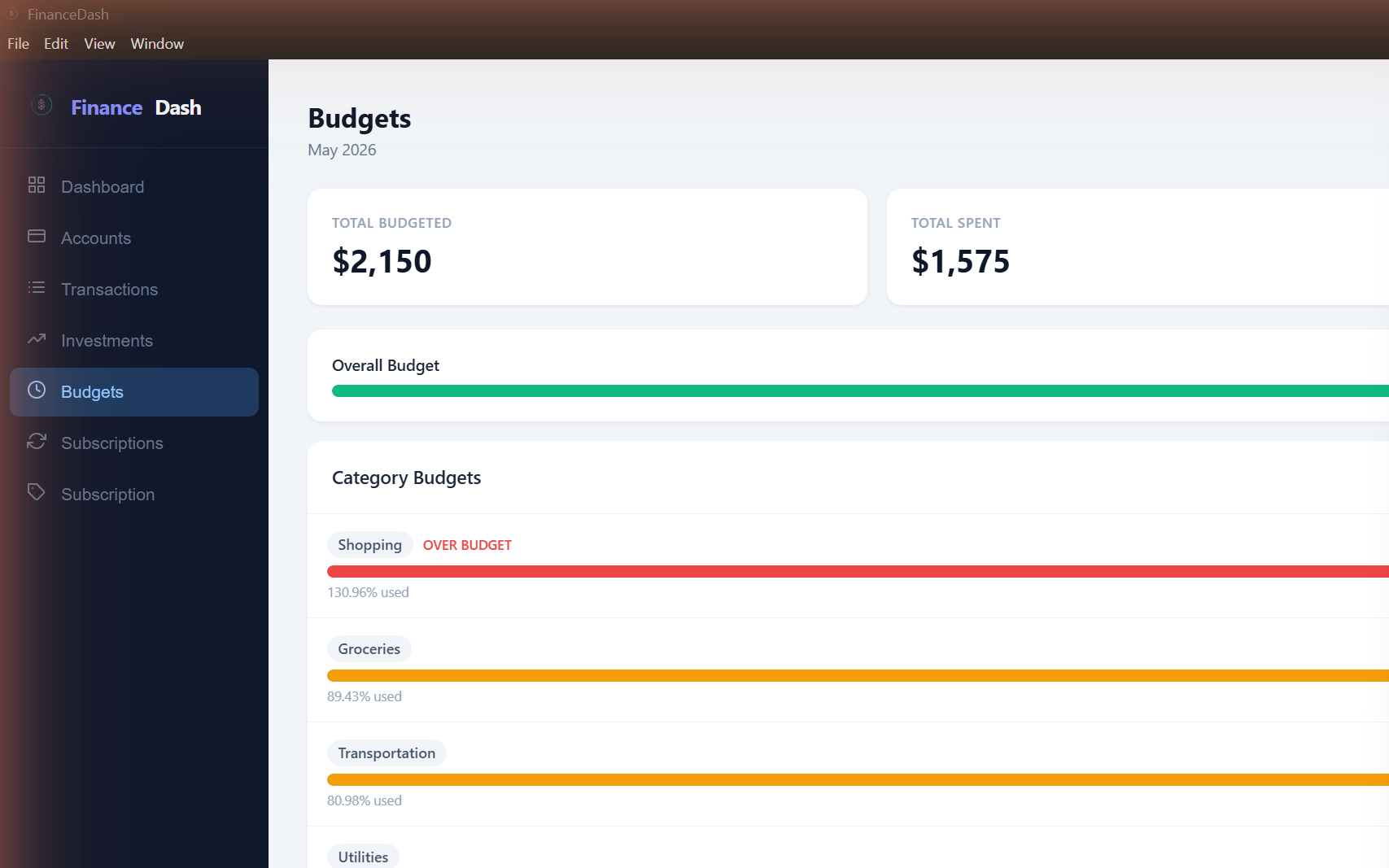 FinanceDash Budgets — category budgets with progress bars