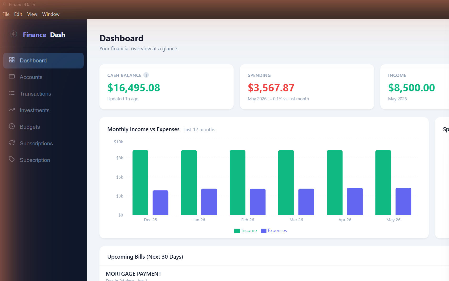 FinanceDash Dashboard — cash balance, spending charts, upcoming bills