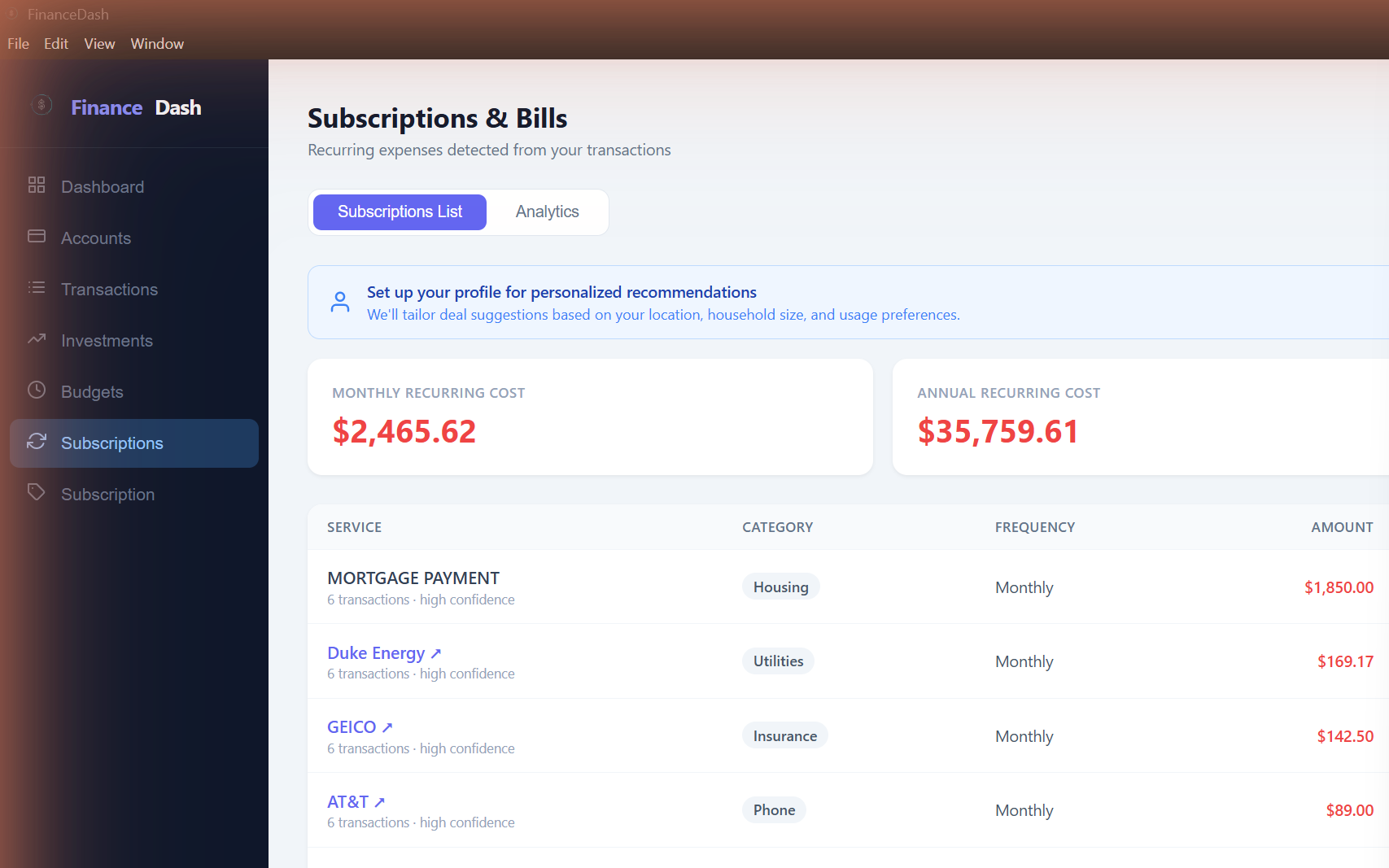 FinanceDash Subscriptions — recurring expenses detected automatically