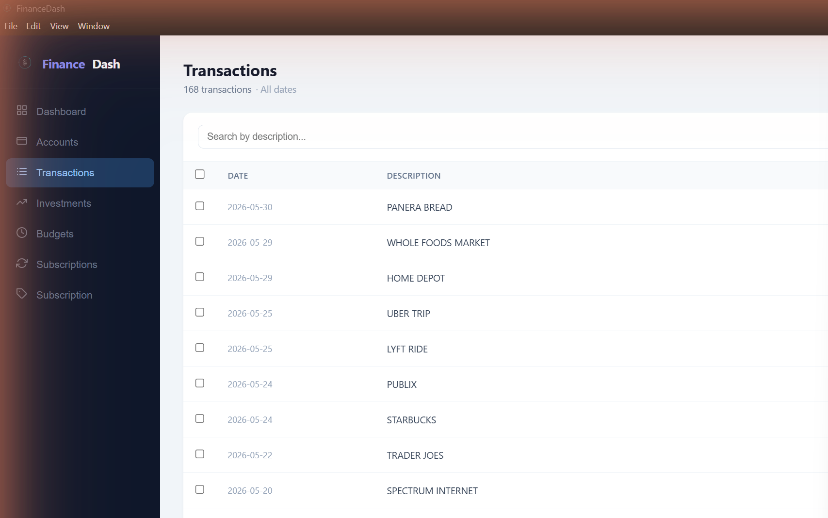 FinanceDash Transactions — searchable, filterable transaction list